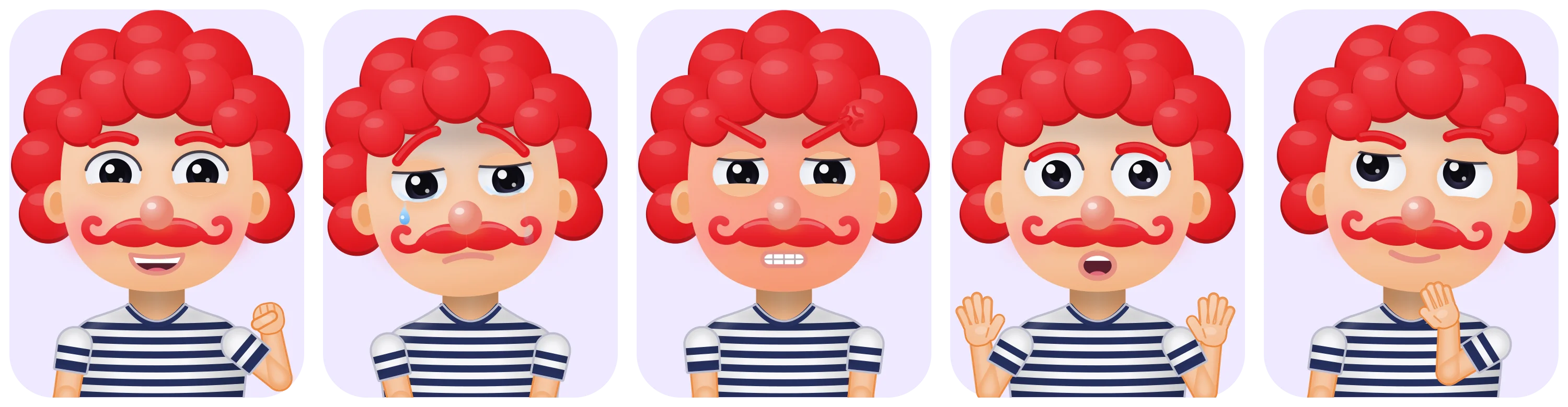 One character five ways: happy with a fist pump, sad with a tear, angry and red, surprised with hands up, and thinking