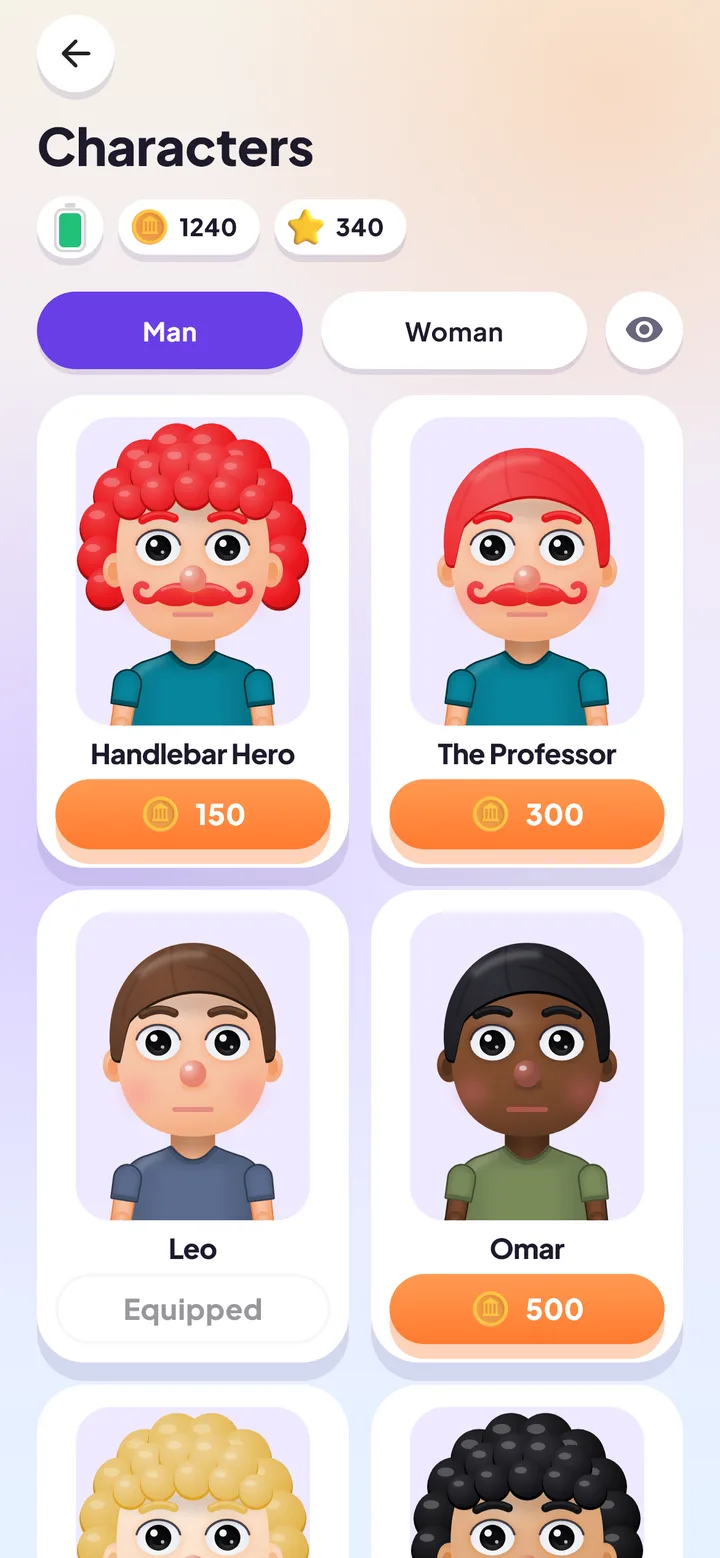 The character shop with Handlebar Hero, The Professor, Leo and Omar