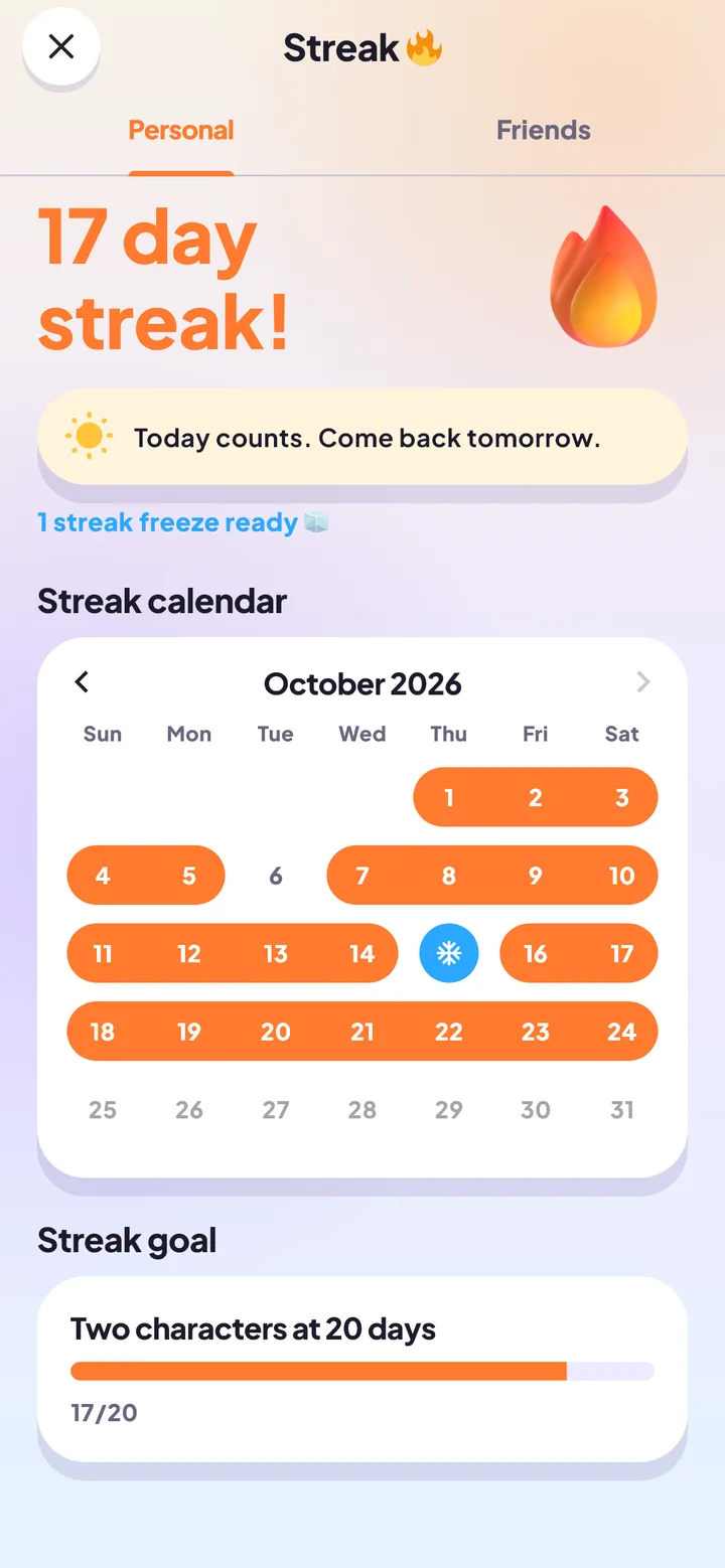 The streak screen: a 17-day streak and the October calendar with practised days in orange and one frozen day in blue